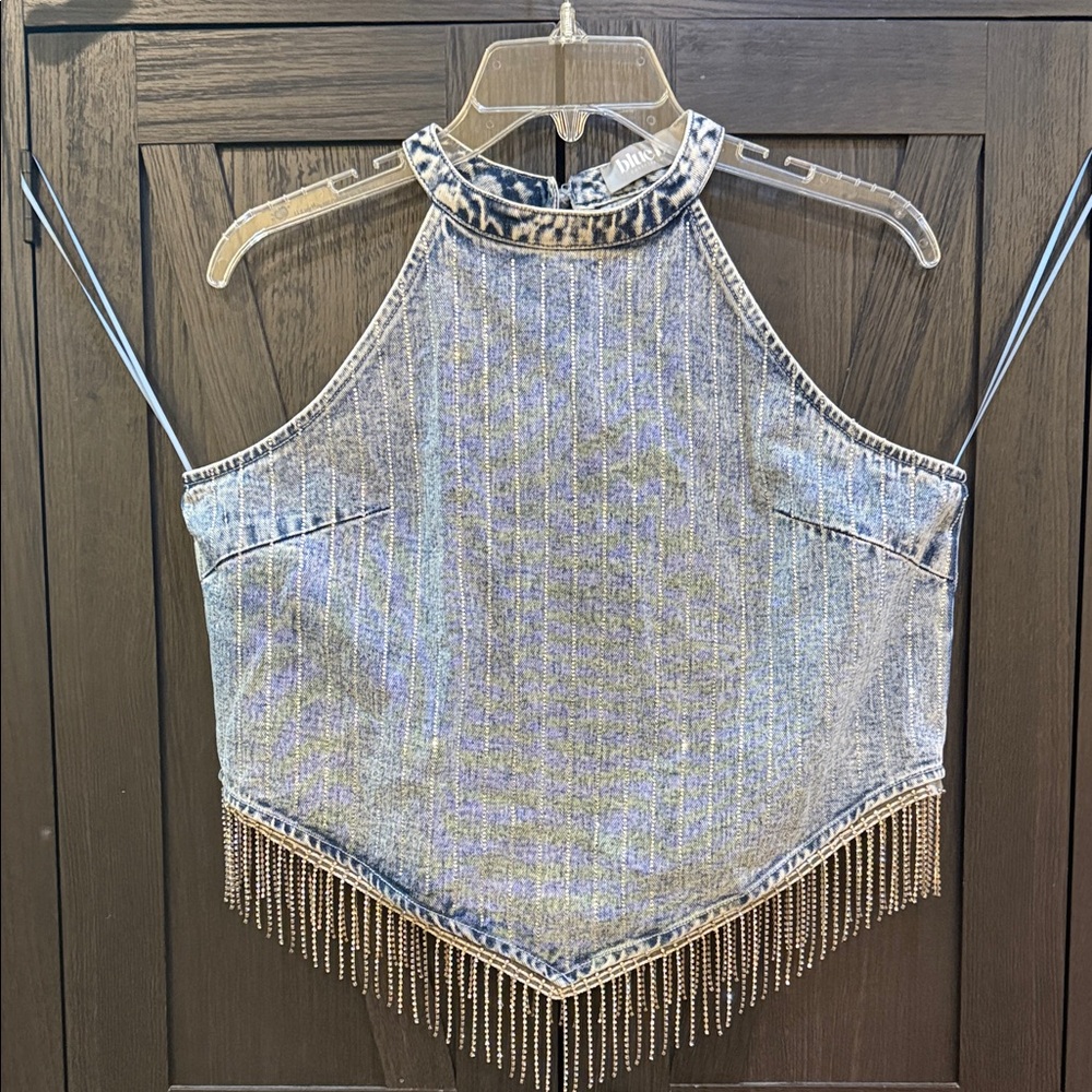 Chain Fringe Denim Halter Crop Top - Light Blue
